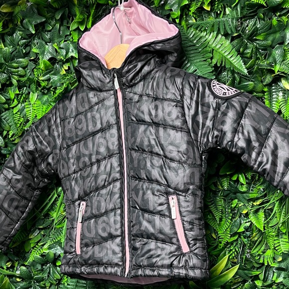 Dkny Other - DKNY Kids Jacket‎ Girls Size 3T Black Puffer Pink Accents  Logo Print 3304